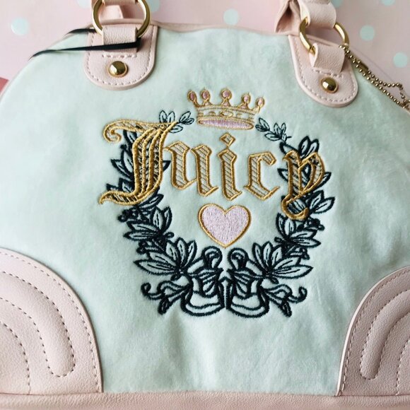 Juicy Couture HERITAGE SATCHEL Velour & Faux leather  w pouch Crystal /Pink Clay - Picture 3 of 12